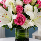 Pink Roses, White Carnations & Oriental Lily Cylindrical Vase