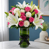 Pink Roses, White Carnations & Oriental Lily Cylindrical Vase