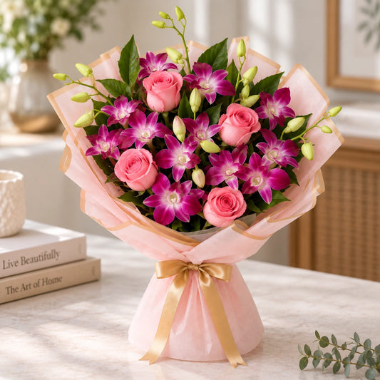 Purple Orchids & Pink Roses Royal Peach Bouquet