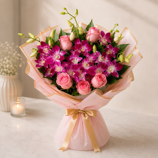 Purple Orchids & Pink Roses Royal Peach Bouquet