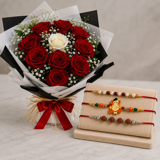 3 Rakhi With 9 Red & 1 White Rose Black & White Wrap Bouquet
