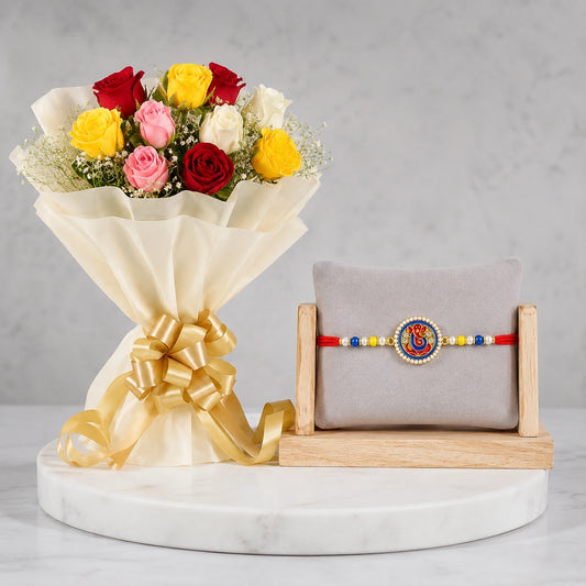 1 Ganesha Rakhi With Mixed Rainbow Roses Bouquet