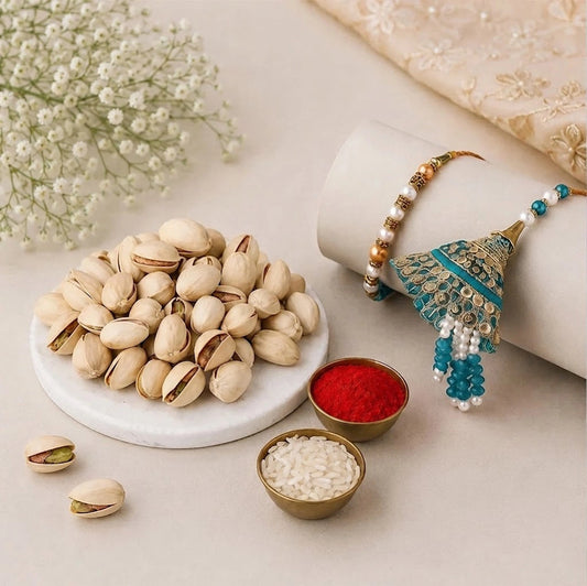 Ethnic Pearl Bhaiya Bhabhi Rakhi with Pistachios | Rakhi Gift Set