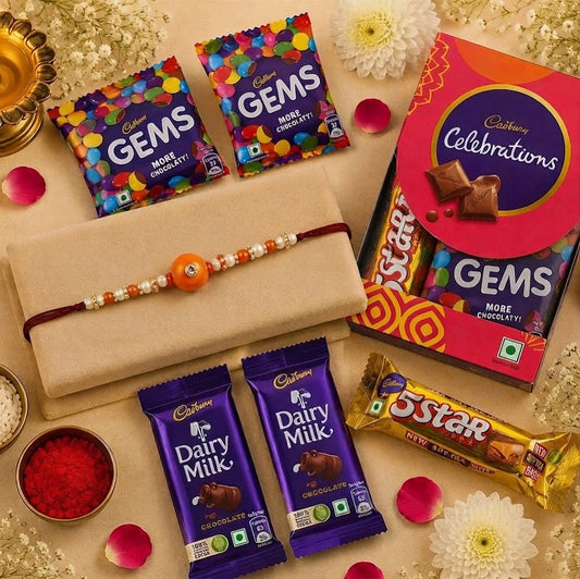 Pearl Beads Rakhi with Cadbury Chocolates | Elegant Rakhi Gift Set