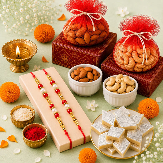 Set of 2 Designer Pearl Rakhi with Kaju Katli & Dry Fruits | Premium Rakhi Hamper