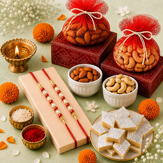 Set of 2 Designer Pearl Rakhi with Kaju Katli & Dry Fruits | Premium Rakhi Hamper