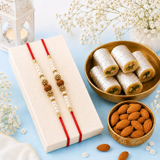 Pearl Rakhi with Kaju Roll & Californian Almonds | Sweet Rakhi Hamper