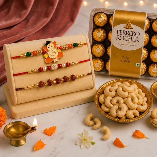3-in-1 Pearl, Rudraksha & Ganesha Rakhi with Ferrero Rocher & Cashews | Luxury Rakhi Hamper