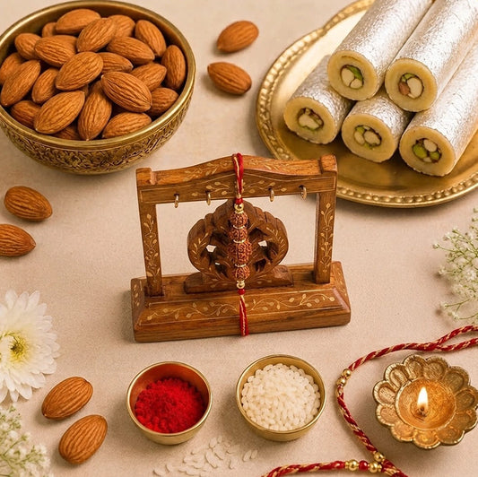 Rudraksha Rakhi with Kaju Roll & Almonds | Sacred Rakhi Dry Fruit Hamper