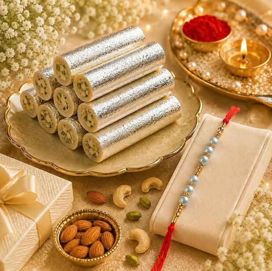 Pearl Rakhi with Kaju Roll & Almonds | Festive Raksha Bandhan Sweet Gift