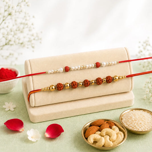 Premium Pearl & Rudraksha Rakhi with Dry Fruits | Luxury Raksha Bandhan Hamper