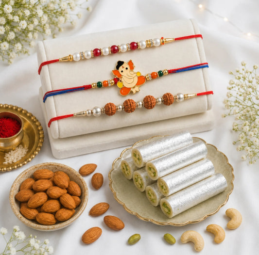 Pearl, Rudraksha & Ganesha Rakhi with Kaju Roll & Almonds | Family Rakhi Hamper