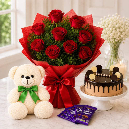 10 Red Roses, Cadbury Chocolate With Cream Cake & Teddy