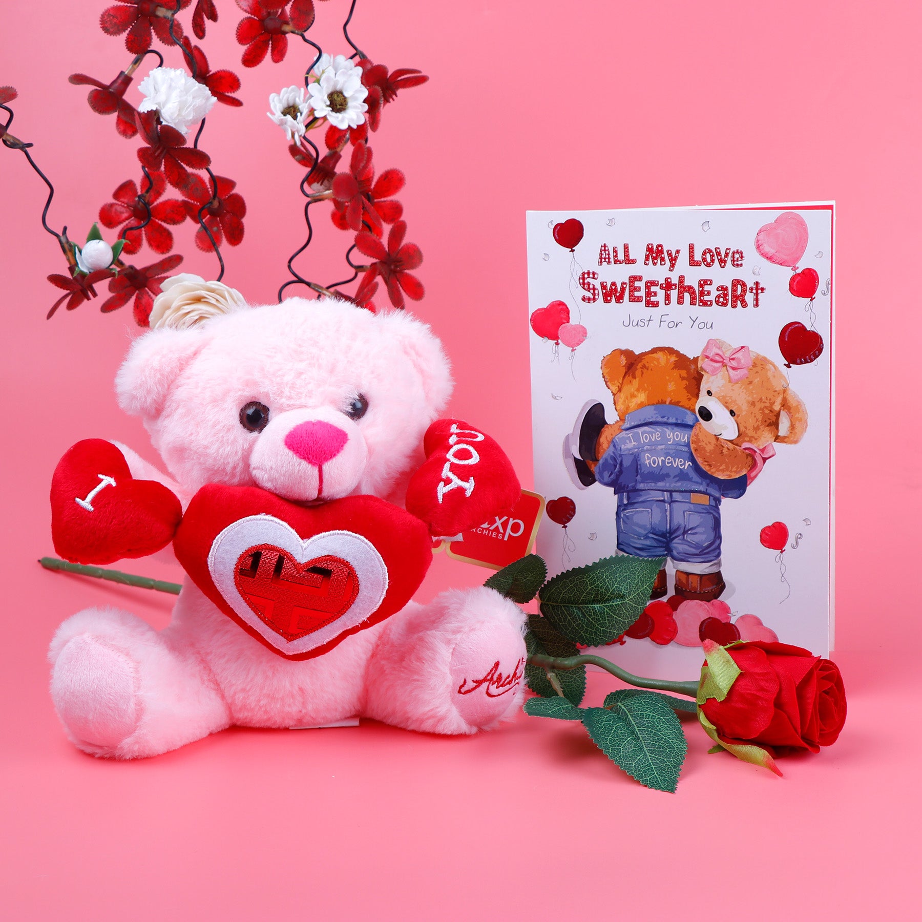 Triple Hearts Teddy Bear with Rose and Greeting Card