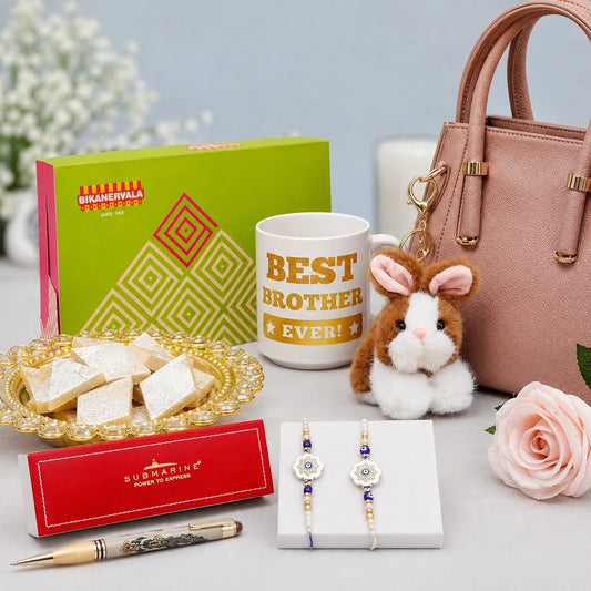 Set of 2 Rakhis with Mug, Plush Bunny Keychain, Pen, Kaju Katli