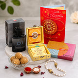 Rakhi Treasure Box, Greeting Card, 01 Perfume and Besan Laddoo