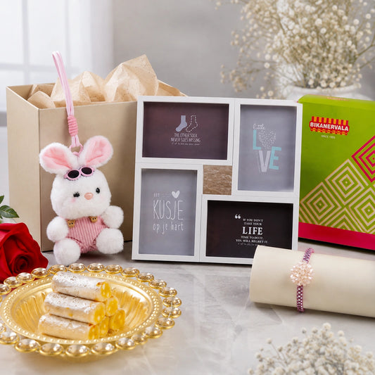 Rakhi with Bunny Keychain, Photo Frame, Kaju Roll
