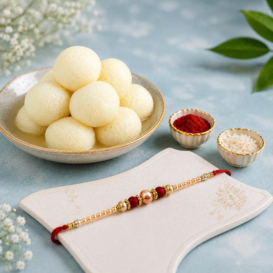Velvety Pearl Rakhi With Rasgulla Delights