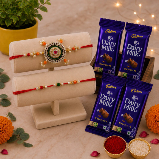 Lumba & Pearl Rakhi with Dairy Milk Chocolates | Bhaiya Bhabhi Rakhi Gift
