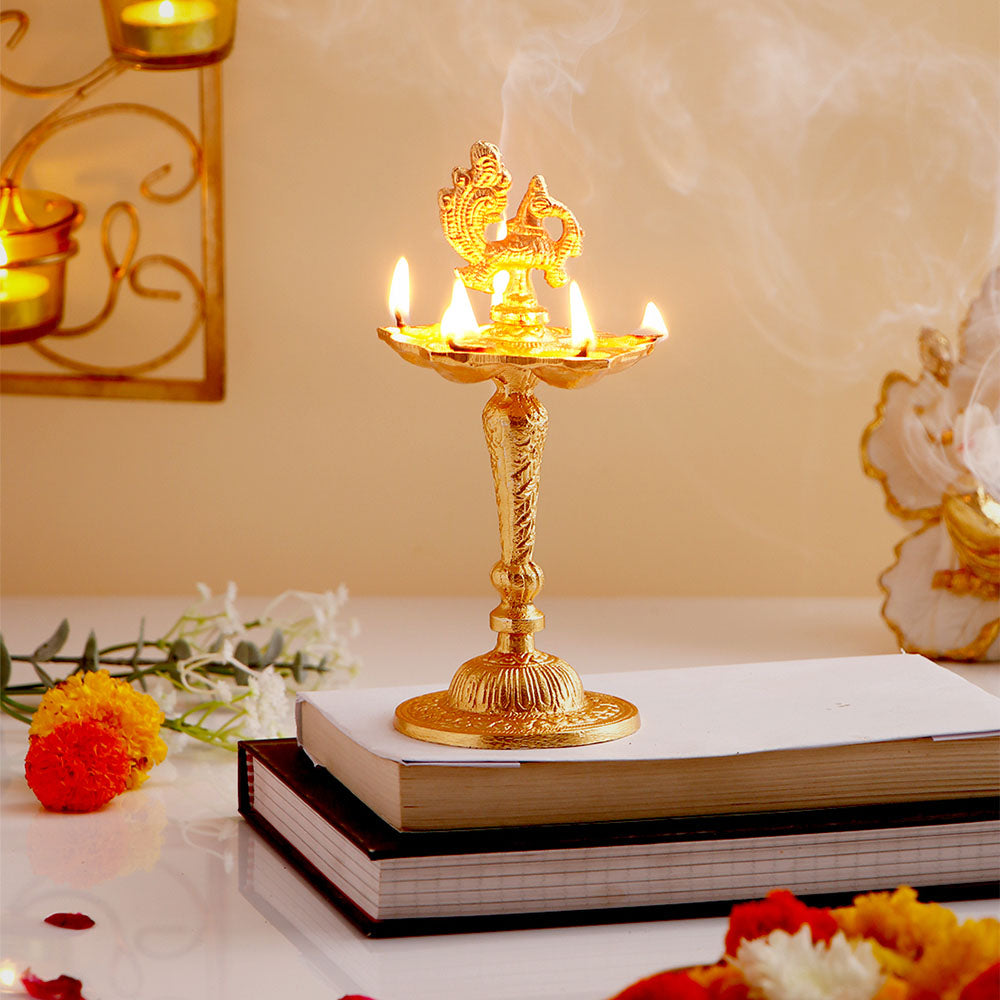 Peacock Golden Diya Jyoti Stand