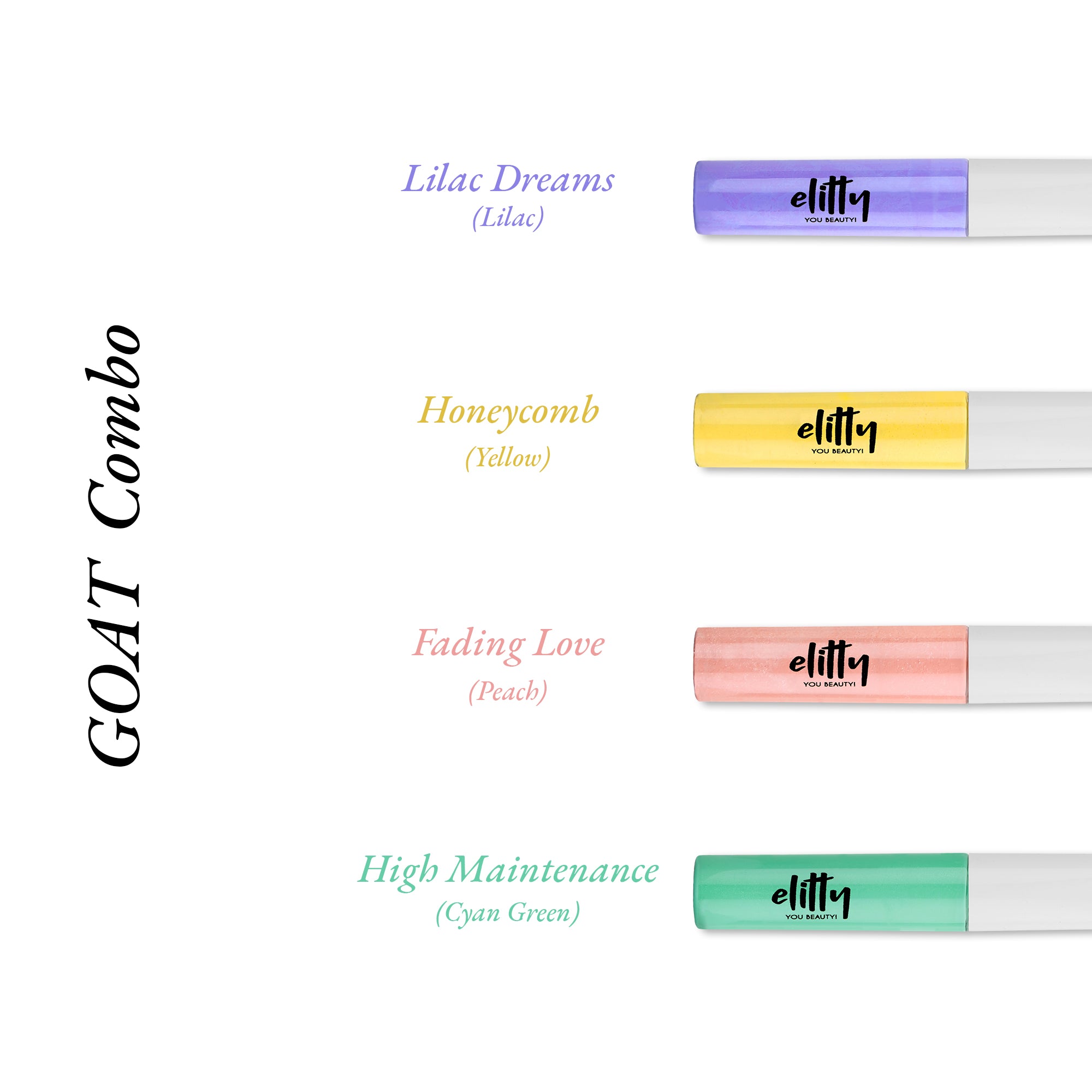 Elitty G.O.A.T Eyeliner Combo (Peach, Lilac Purple, Cyan Green, Yellow), 4 ml each
