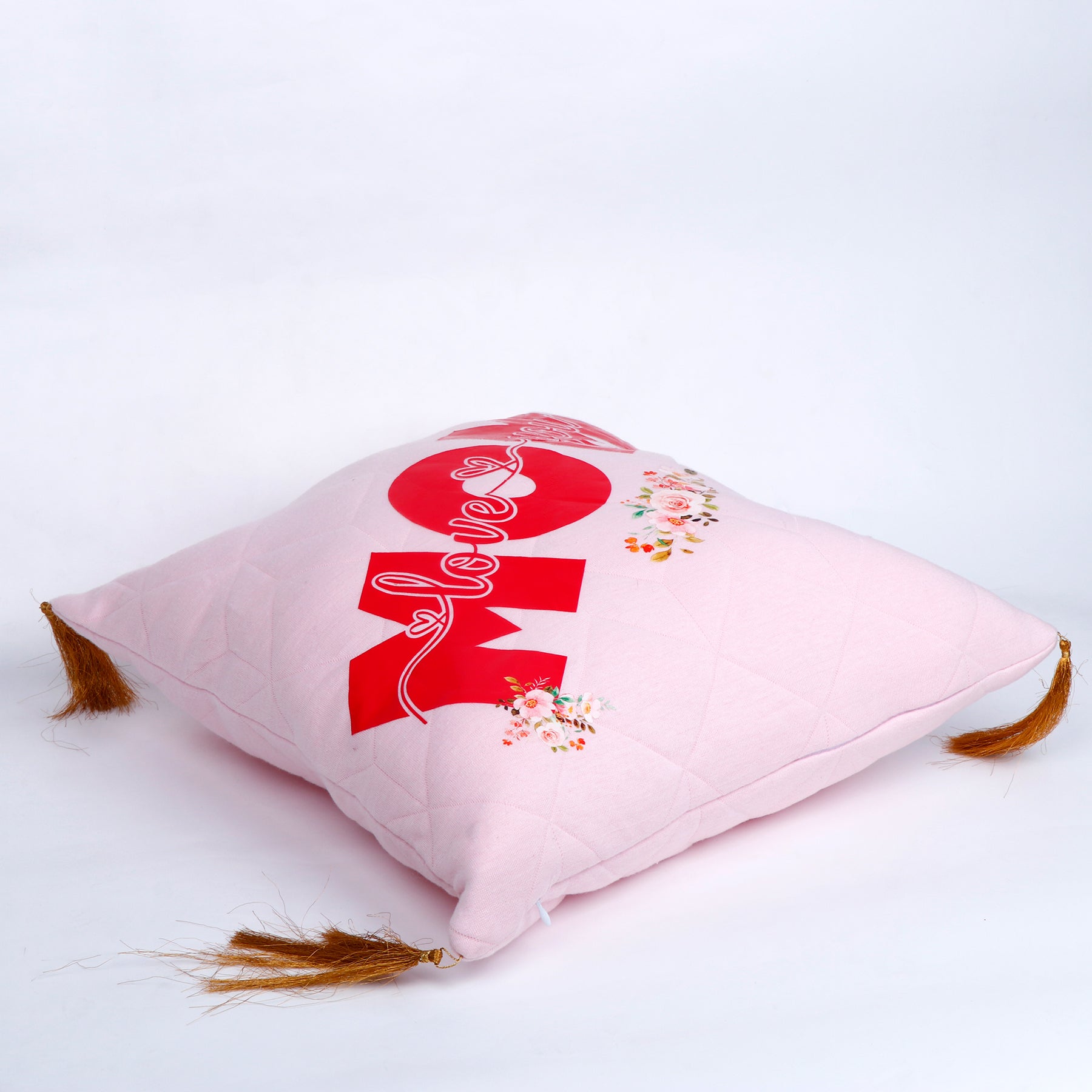 "Love You Mom" Floral Print Pink Cushion with Tassels