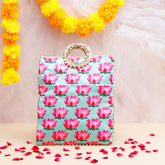 Lotus Printed Ethnic Handcrafted Zip Up Fabric Bag - Blue
