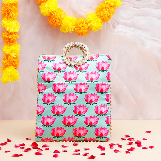 Lotus Printed Ethnic Handcrafted Zip Up Fabric Bag - Blue