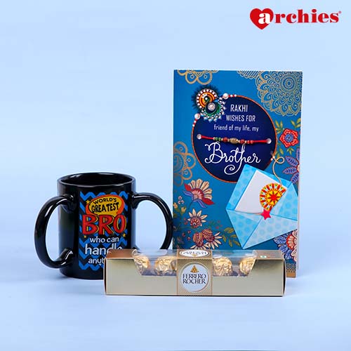 Friend For Life Rakhi with Greeting Card with Mug and Chocolate