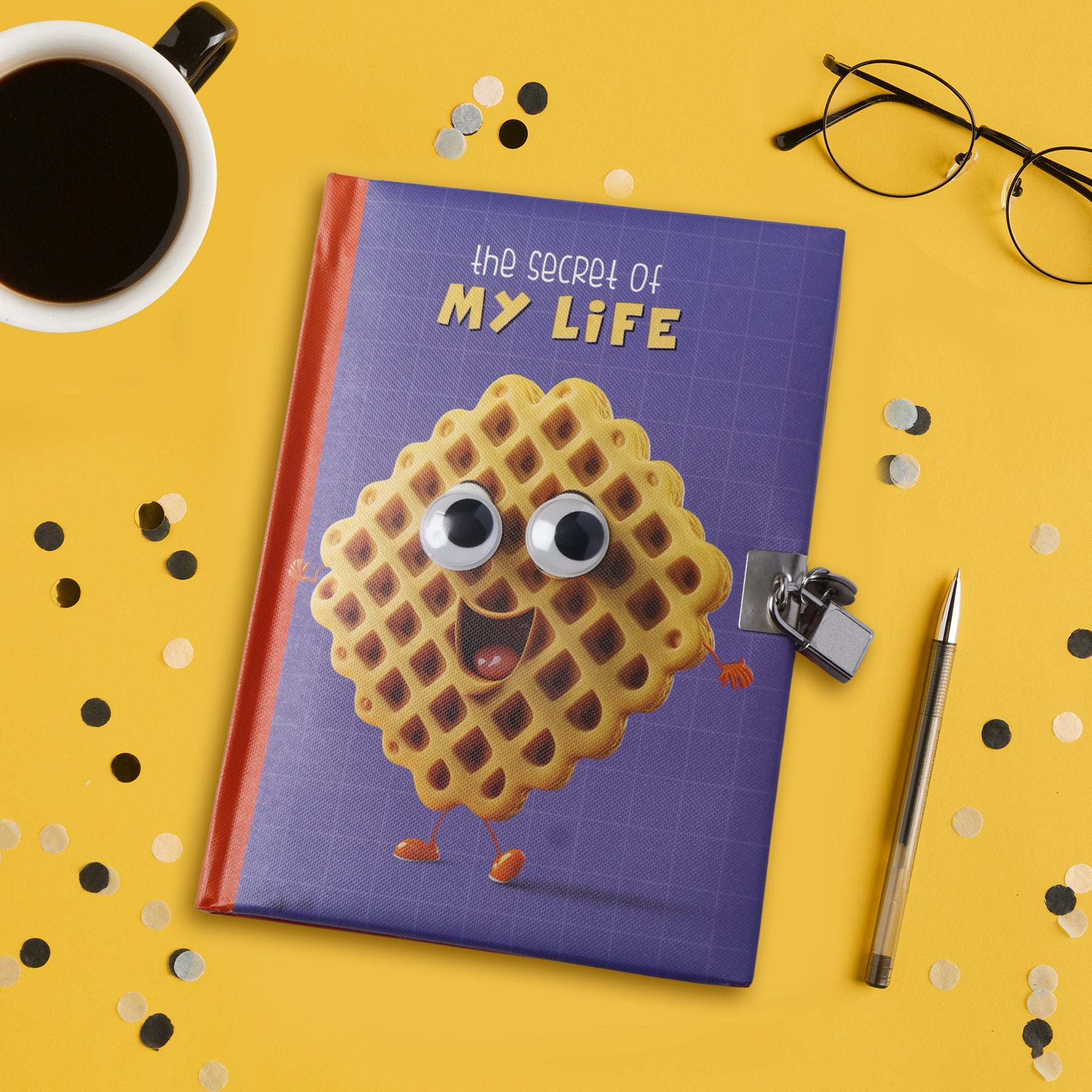 Waffle Theme Googli Eyes Lock Notebook