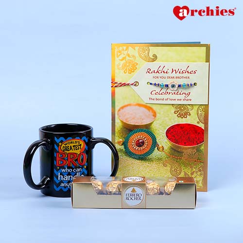 Rakhi Wishes Greeting Card with a Sacred Rakhi with Mug and Chocolate