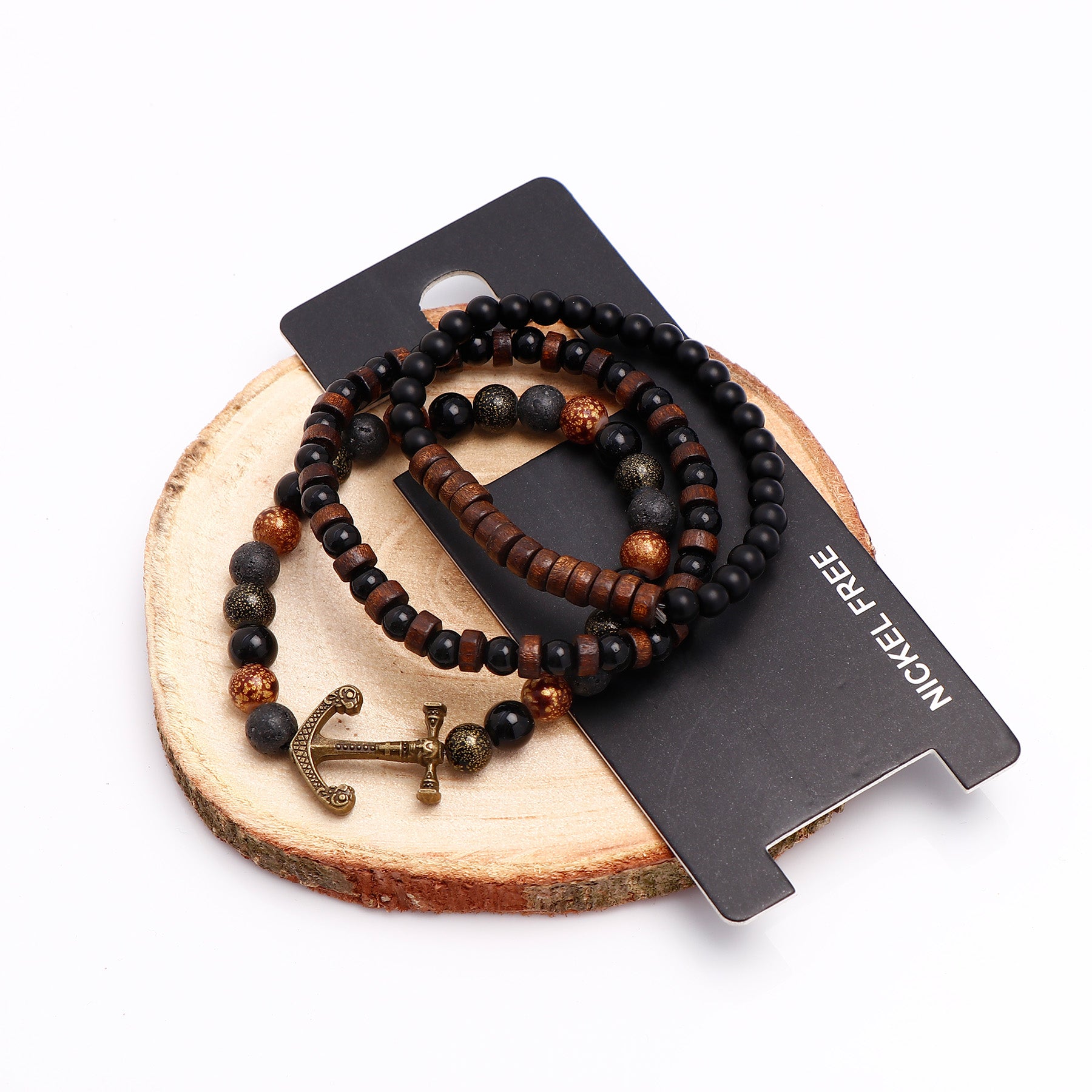 Beaded Anchor Black Multilayer Leather Bracelet