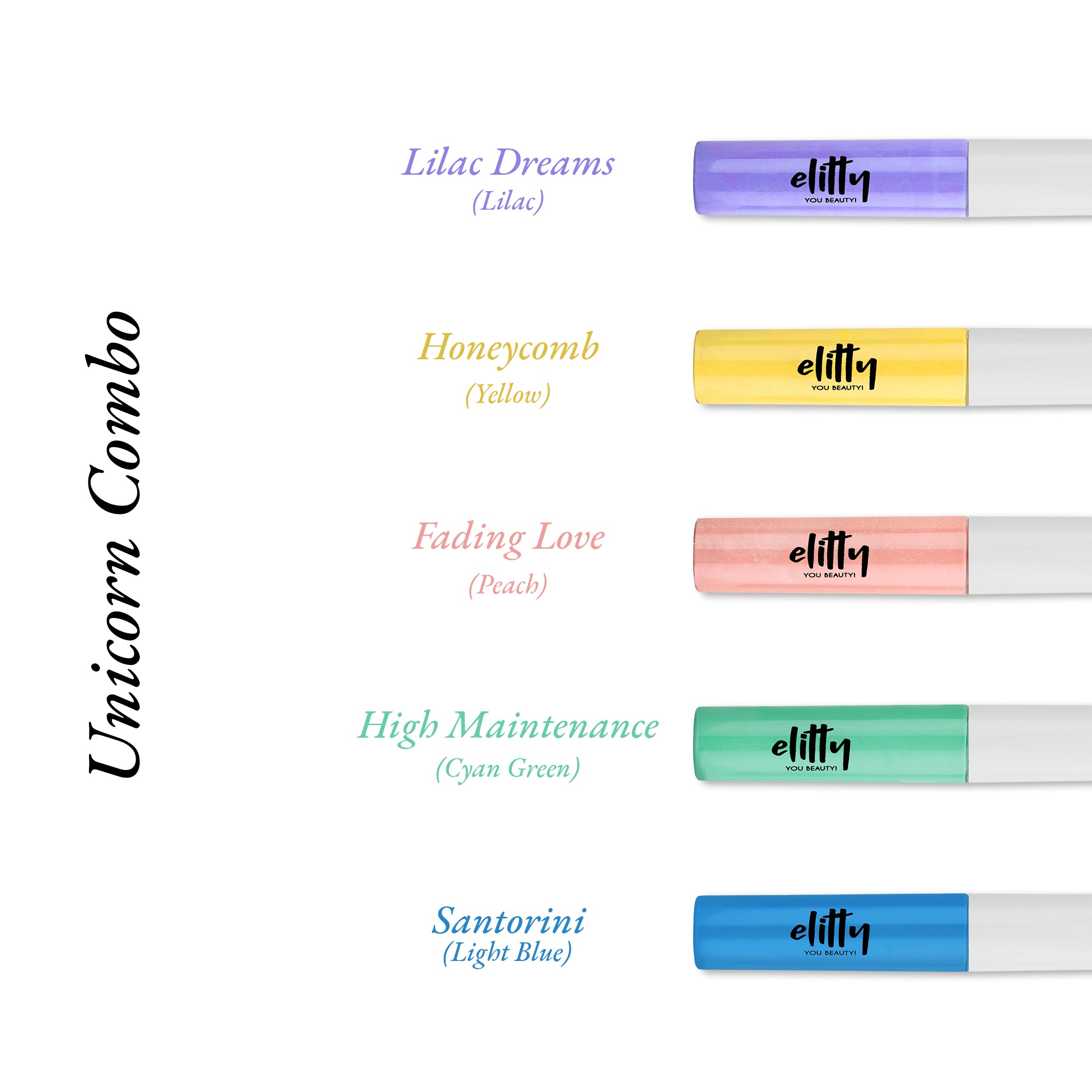 Elitty Unicorn Eyeliner Combo (Peach, Lilac Purple, Cyan Green, Yellow, Light Blue), 4 ml each