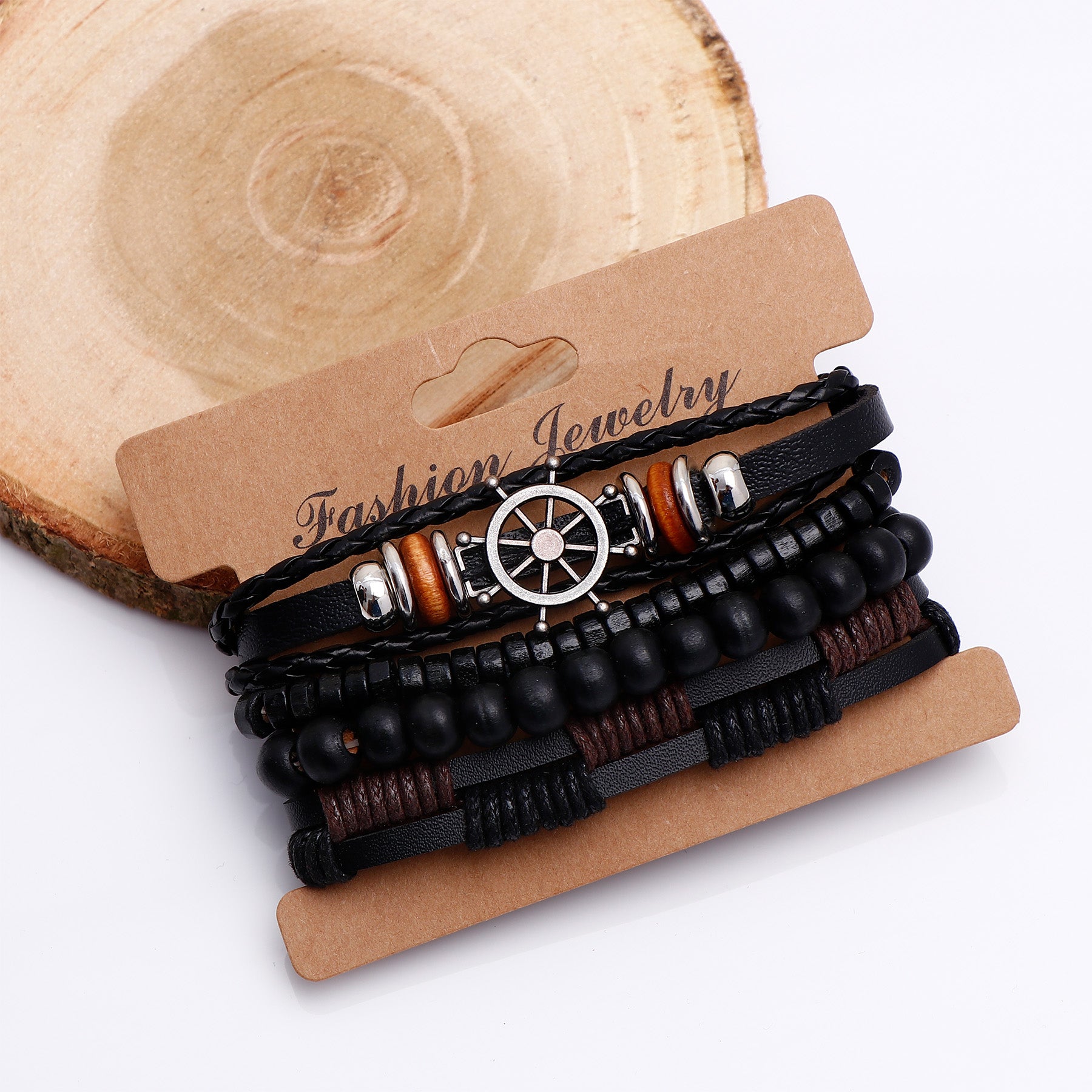 Helm Black Beaded Multilayer Leather Bracelet