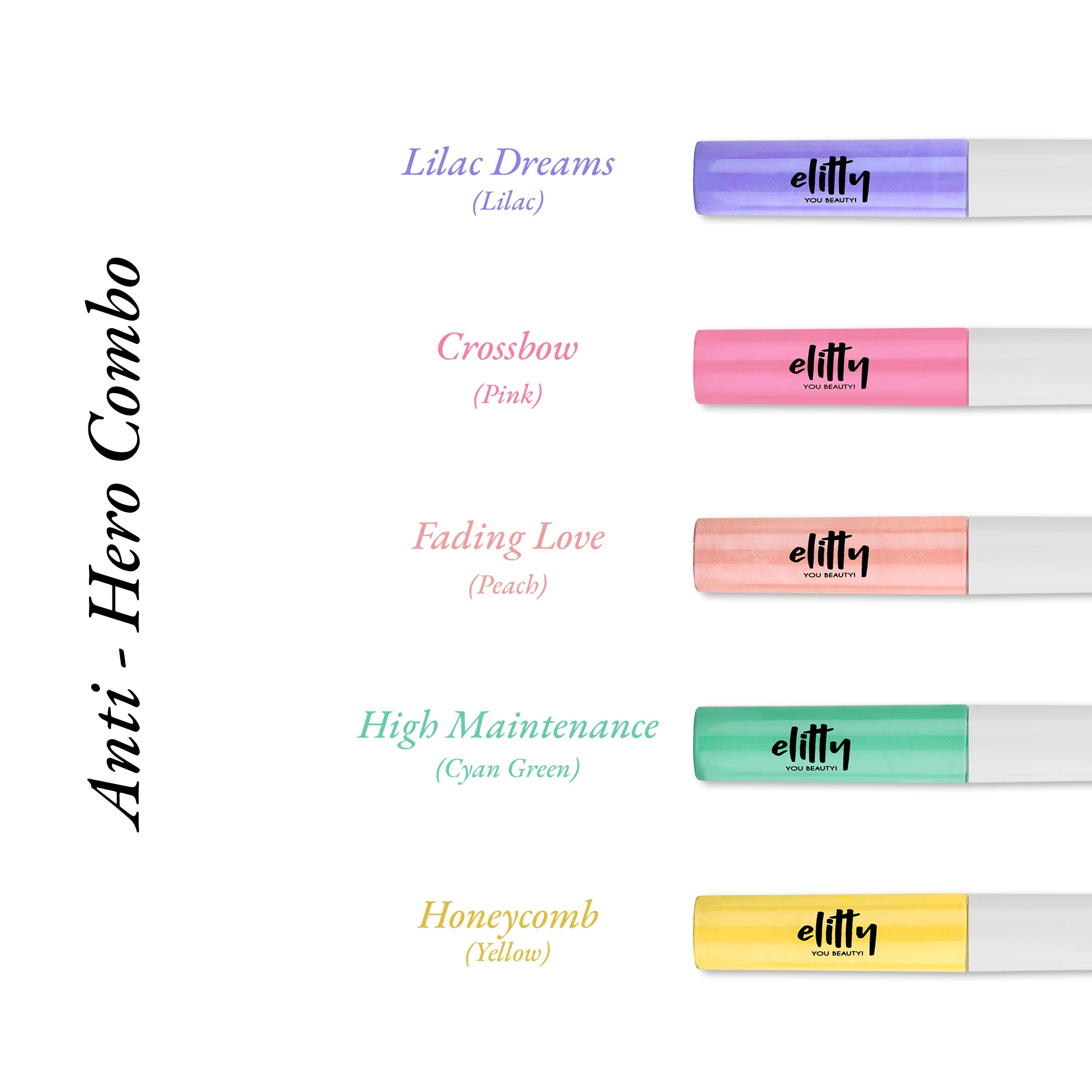 Elitty Anti-Hero Eyeliner Combo (Peach, Lilac Purple, Cyan Green, Yellow, Pink), 4 ml each