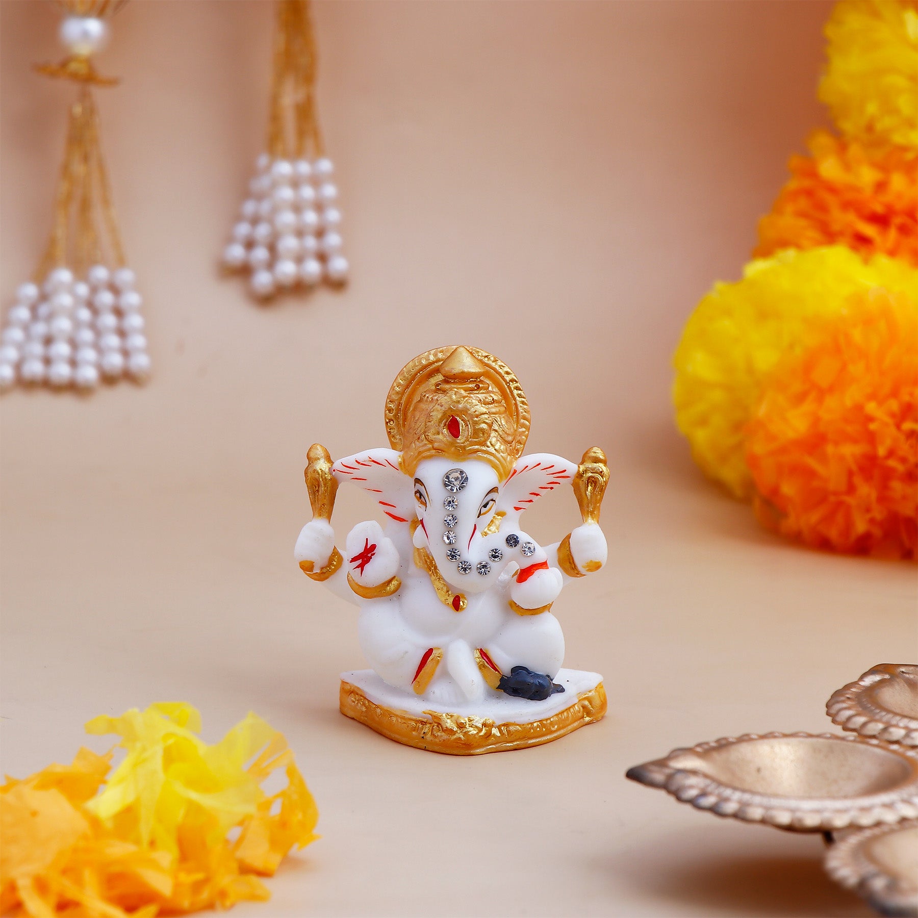 Shree Ganesha White and Golden Idol