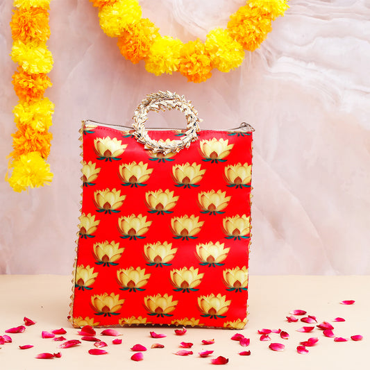 Lotus Printed Ethnic Handcrafted Zip Up Fabric Bag - Red