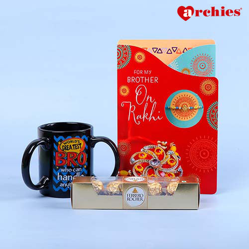 Heartwarming Greeting Card with a Sacred Rakhi with Mug and Chocolate
