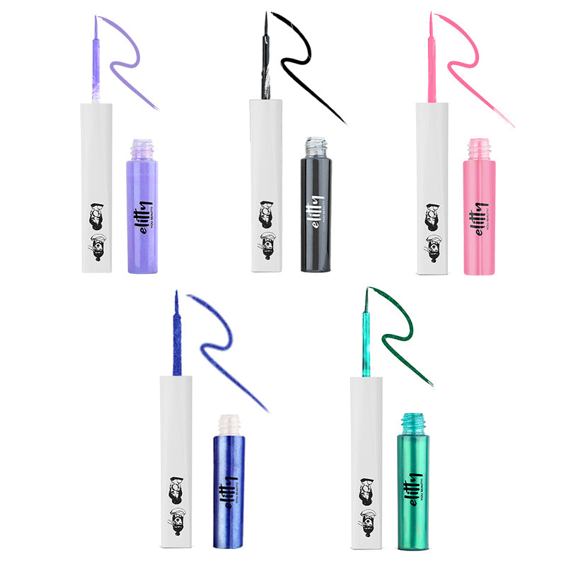 Elitty Mini Pop Colour Waterproof Liquid Eyeliner Combo | Matte Shades (Pink, Lilac, Black) & Metallic Shades (Blue, Emerald Green) | 1 ML Each