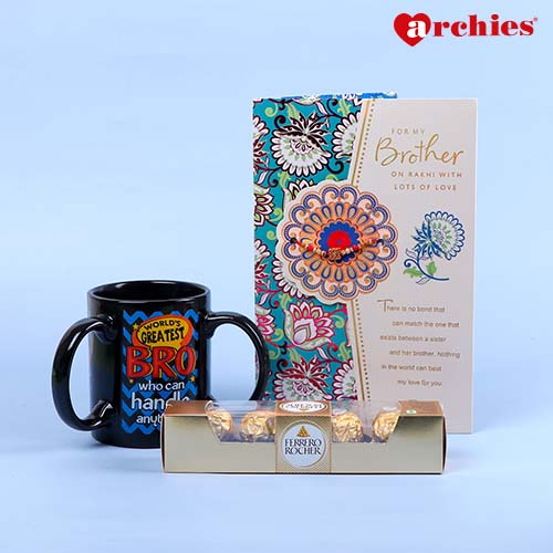 For My Brother Rakhi with Greeting Card with Mug and Chocolate
