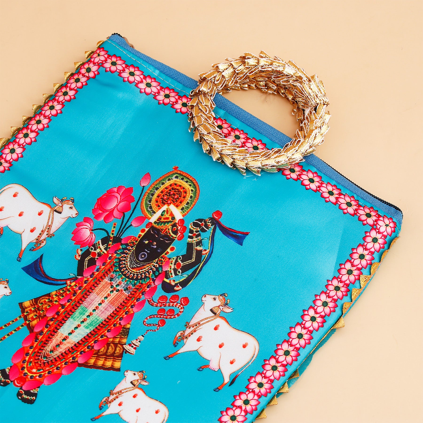 Shree Narayan Ethnic Handcrafted Zip Up Fabric Bag - Blue