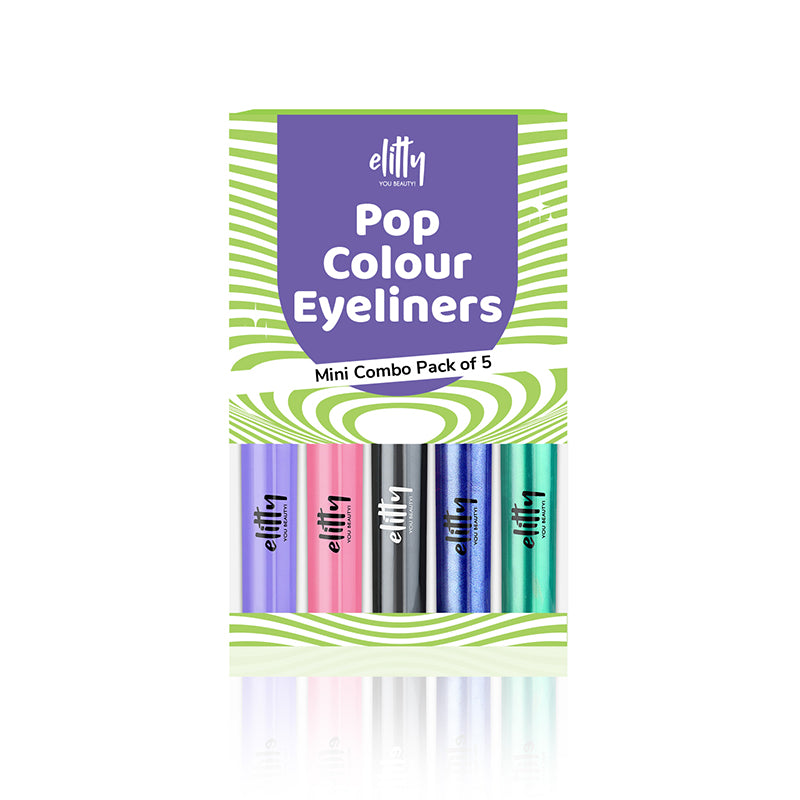 Elitty Mini Pop Colour Waterproof Liquid Eyeliner Combo | Matte Shades (Pink, Lilac, Black) & Metallic Shades (Blue, Emerald Green) | 1 ML Each