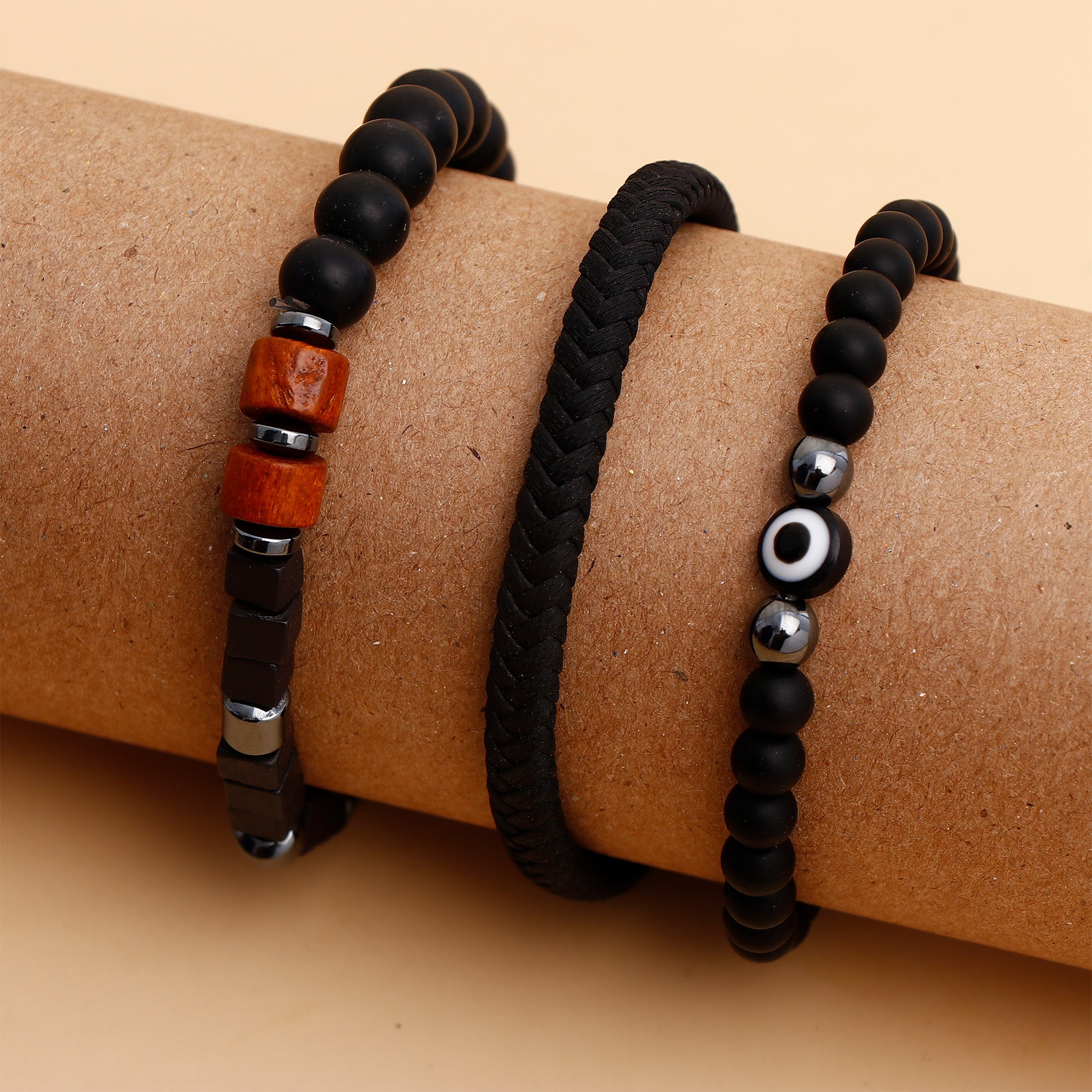 Beaded Evil Eye Black Multilayer Leather Bracelet