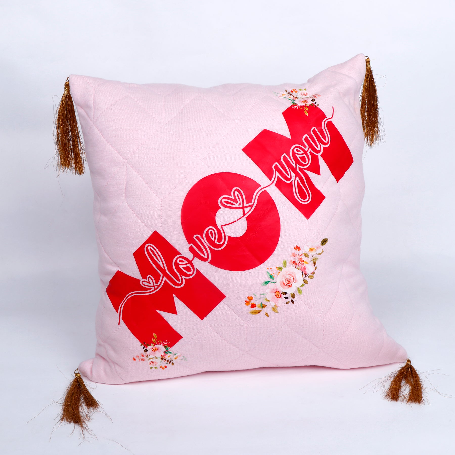 "Love You Mom" Floral Print Pink Cushion with Tassels