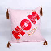 "Love You Mom" Floral Print Pink Cushion with Tassels