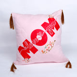 "Love You Mom" Floral Print Pink Cushion with Tassels