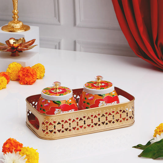 Orange Cow Motifs Jars with Tray Set
