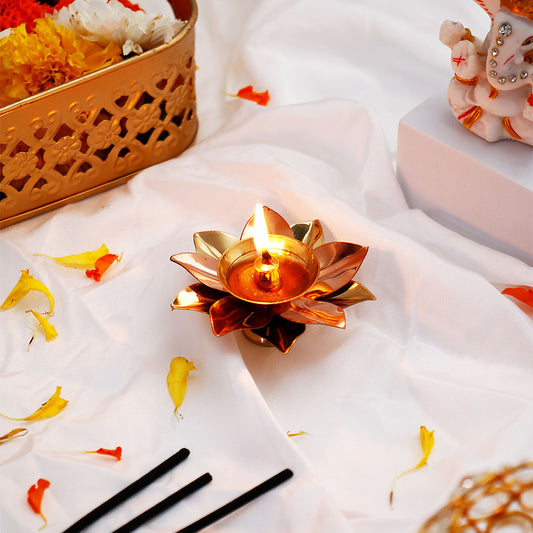 Floral Brass Akhand Jyoti Diya - Small