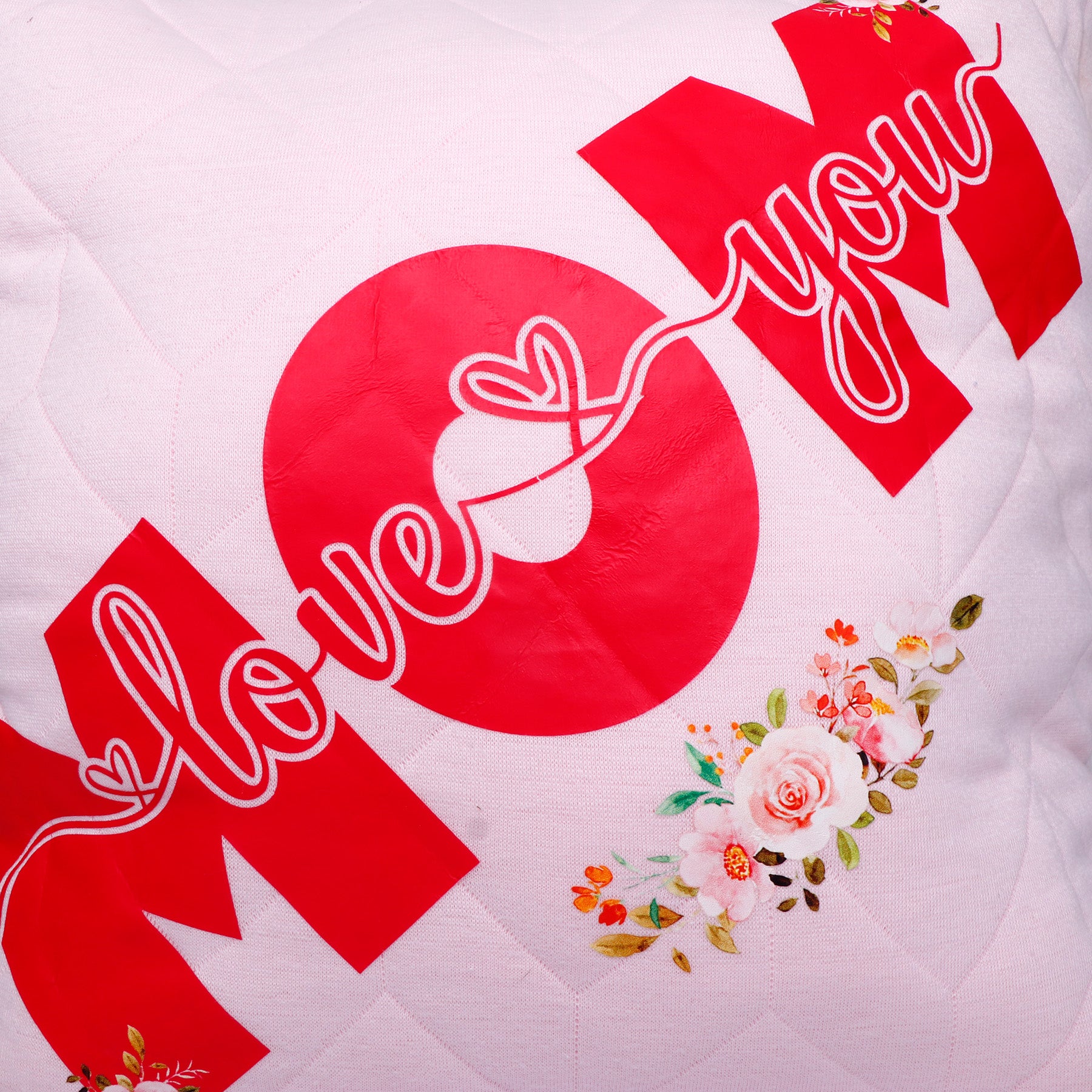 "Love You Mom" Floral Print Pink Cushion with Tassels