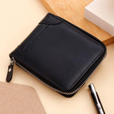 Classic Black Leather Zip-Up Wallet